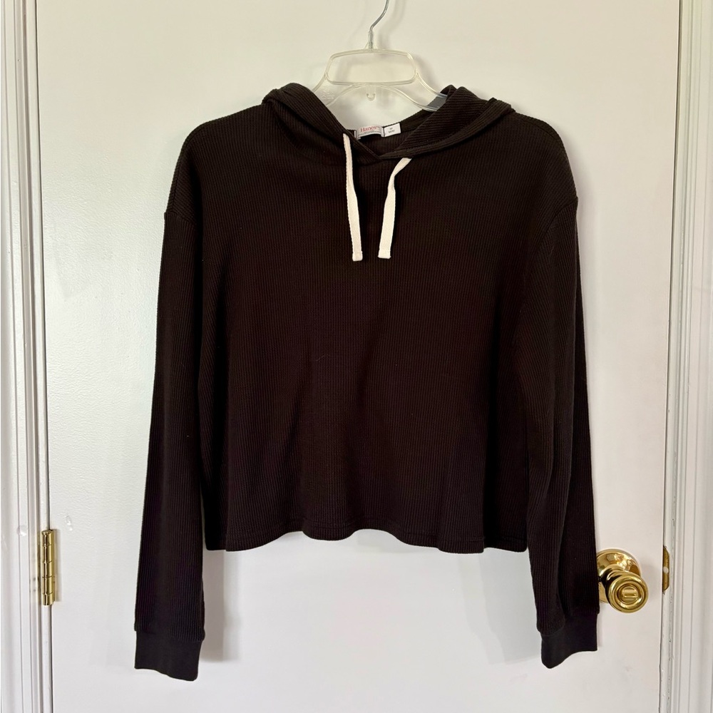 Hanes Black Cropped Waffle Hoodie
